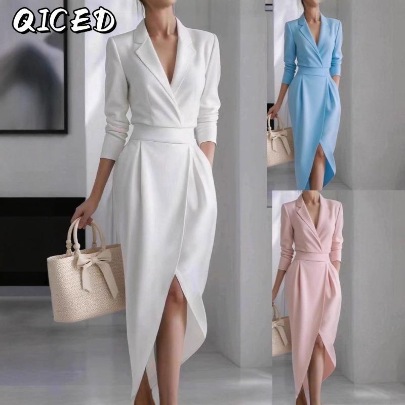 QICED Women's Fashion Autumn Winter Solid Color Print V-Neck Long Sleeve Casual Dresses