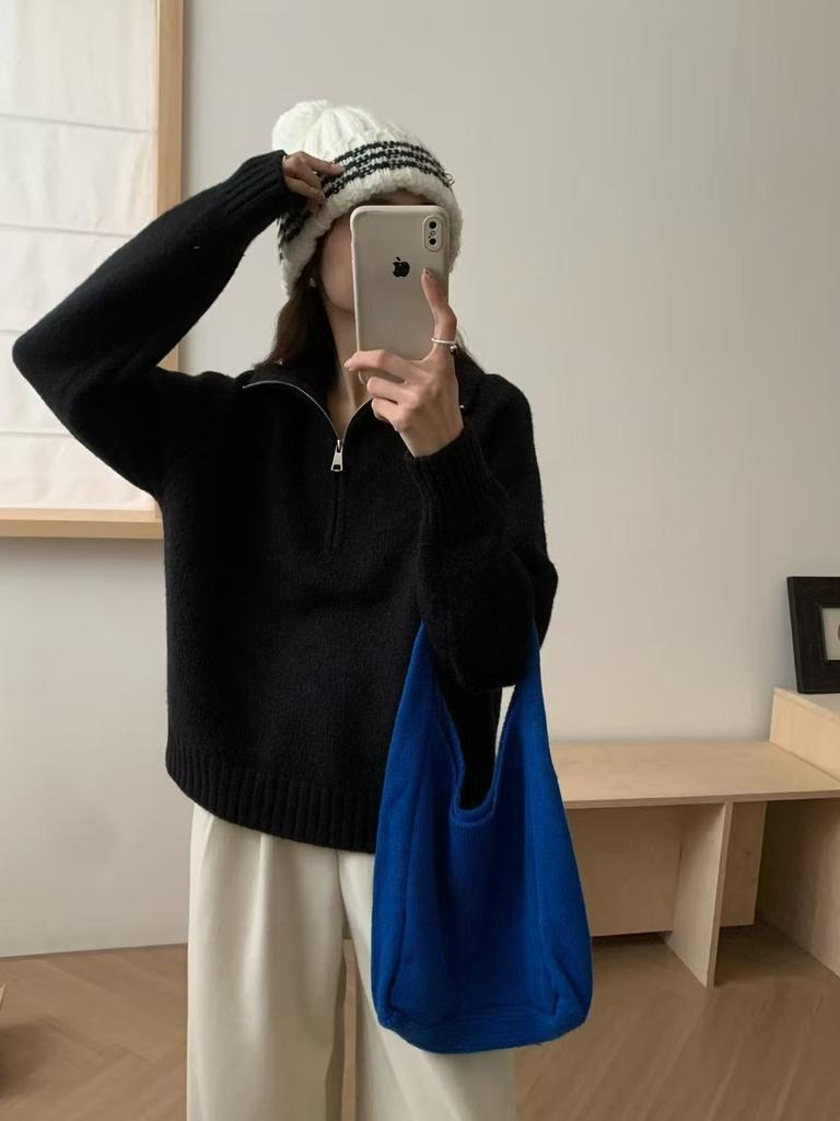 Half Zipper Lapel Knitted Pullover Sweater Women's Autumn and Winter High-end Sense New Lazy Soft Waxy Knitted Sweater Top