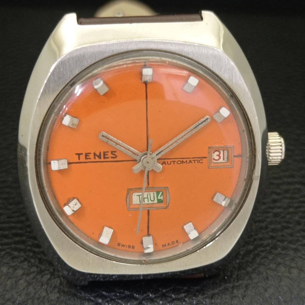 VINTAGE TENES AUTOMATIC SWISS MENS ORANGE COLOR DIAL WATCH A700147-5 R201-a700147