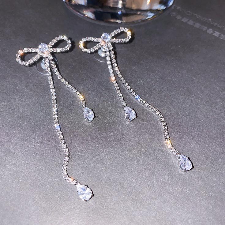 925 Sterling Silver Bow Tassel Earrings with Rhinestones - Elegant Long Dangle Design for Women