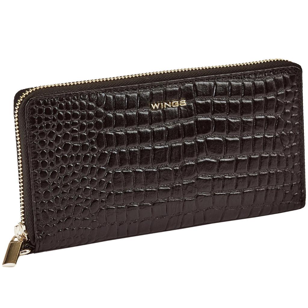 Women' Leather Wallet with Wings Croco Black Wrist Strap