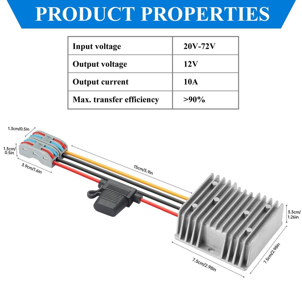 Mzhou 120W Power to 12V Waterproof Voltage Regulator for Power Supply for Audio Overload and Short Circuit Protection 1 Year DC-DC Converter, 20V-72V