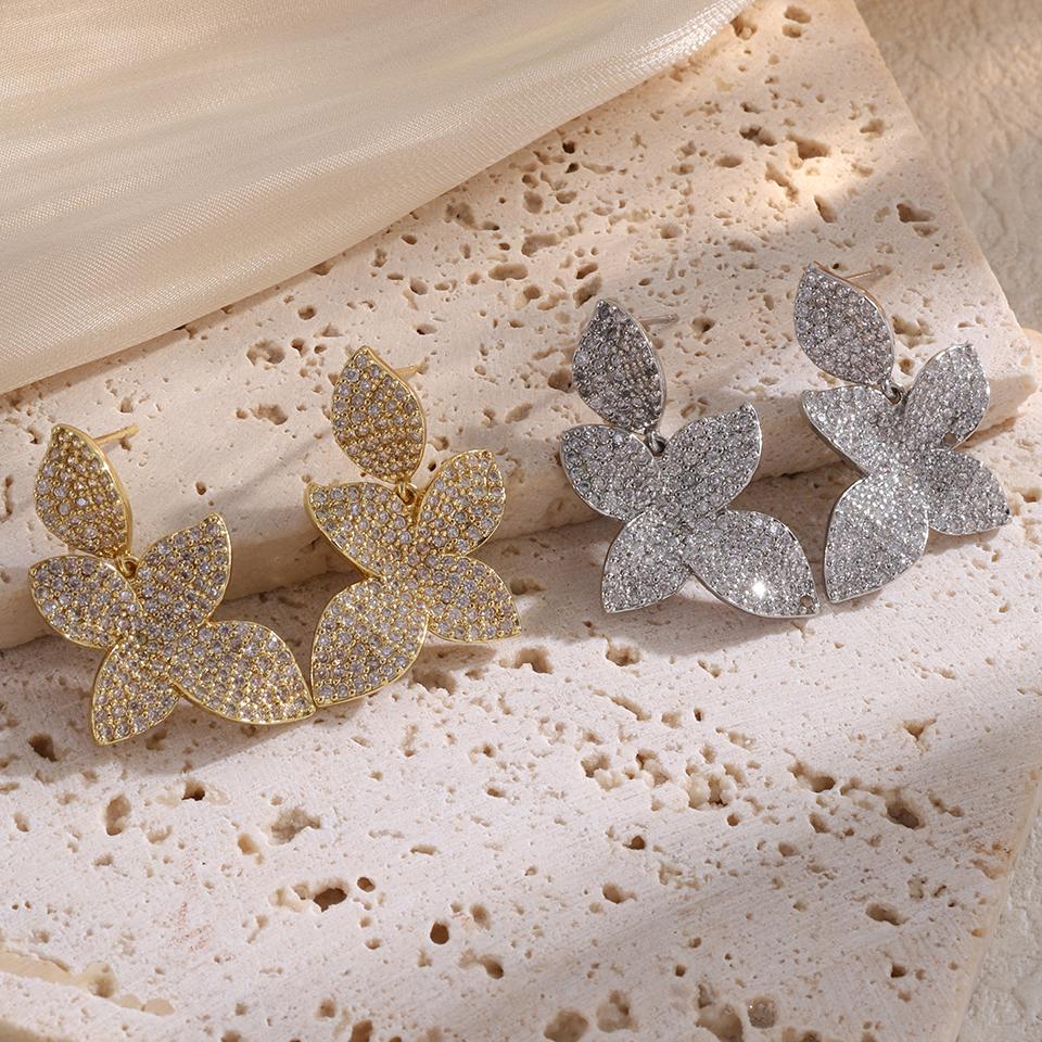 ZAKOL Brand New Micro Paved AAA Zirconia Big Leaf Flower Earrings for Women Luxury Elegant Wedding Zircon