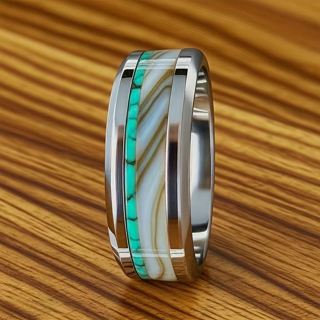 Women Wedding Band Polished Stainless Steel Rings Men's  8MM Luxury Agate Stone Inlay Steel Ring Party Accessories Gift