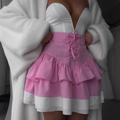European and American Bows Slim Splicing Long-sleeved Tops High-waisted Short Skirts Strap Splicing Women's Skirts