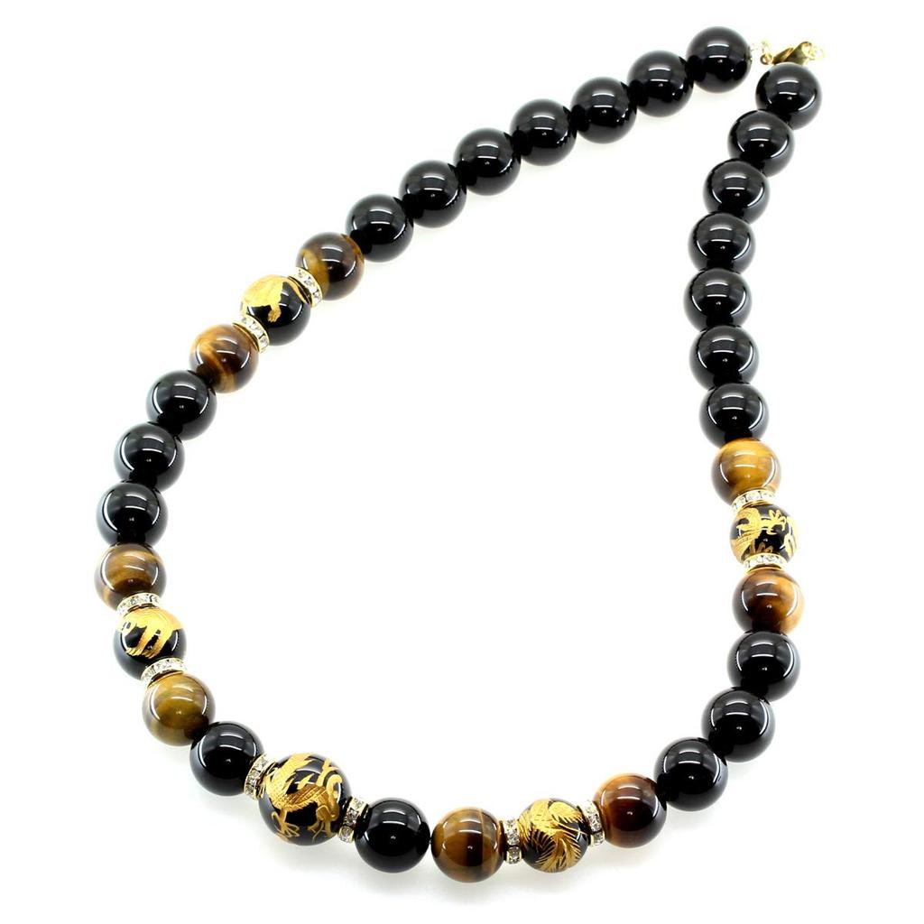 Ishiki 4A Gold Carved Dragon Onyx 20mm Necklace with Natural Tiger Eye Stones (16mm) Good luck with money, career, and wealth. Includes original
