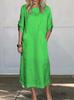 Women's Round Neck Three Quarter Sleeve Maxi Dress Loose Fit Relaxed Waist Casual Solid Color Linen Cotton A Line Pocket Summer Dress