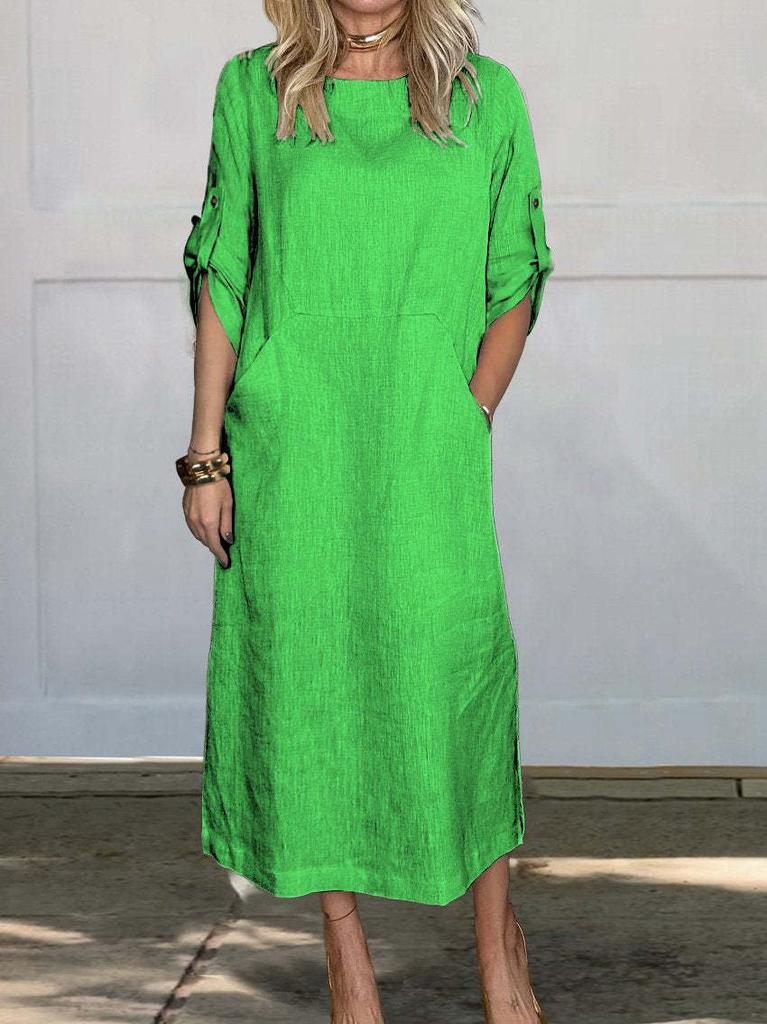 Women's Round Neck Three Quarter Sleeve Maxi Dress Loose Fit Relaxed Waist Casual Solid Color Linen Cotton A Line Pocket Summer Dress