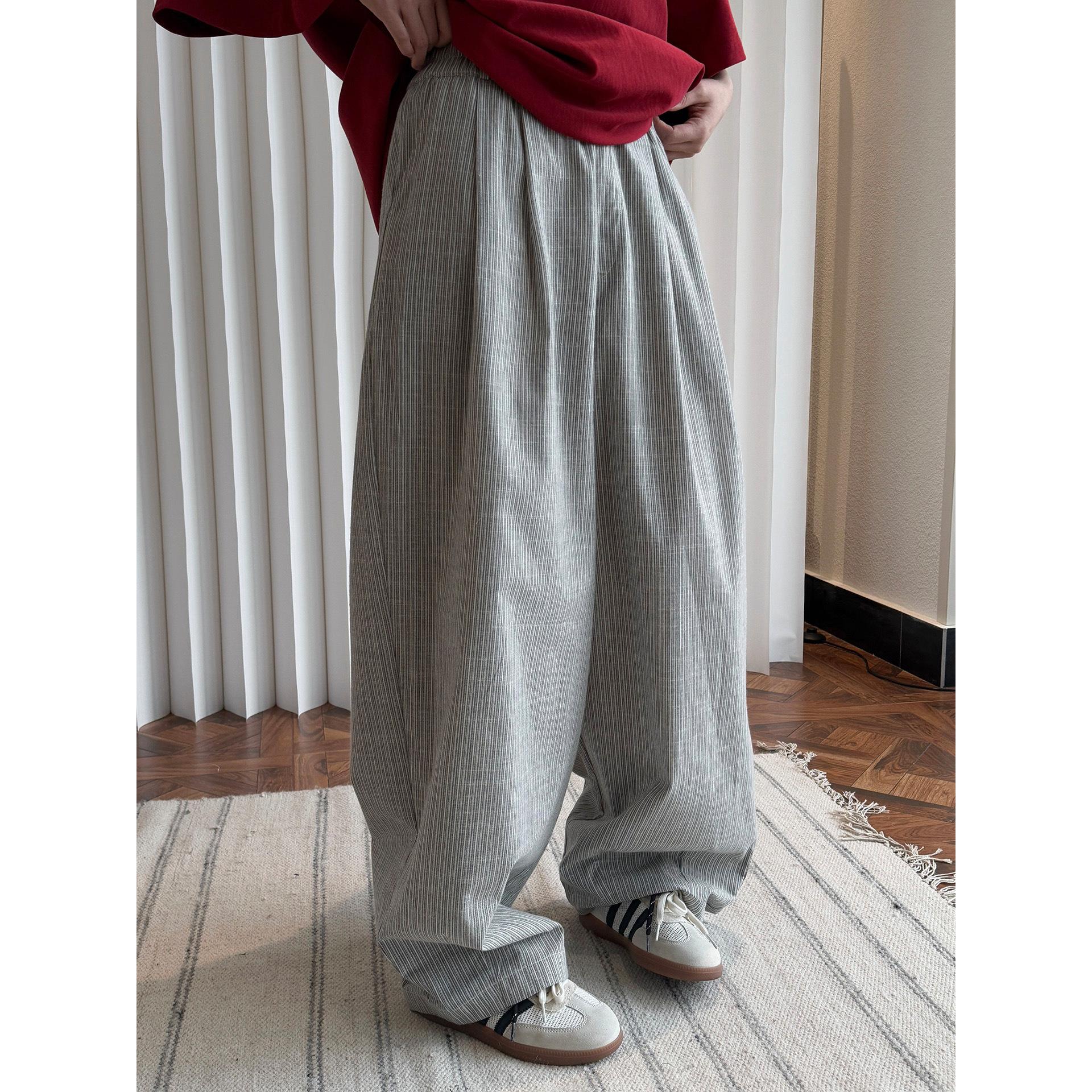 

Johnature Korean Lazy Relaxed Striped Women Pants Spring Summer Casual Elastic Waist Loose Wide-leg Trousers S світло-сірого кольору