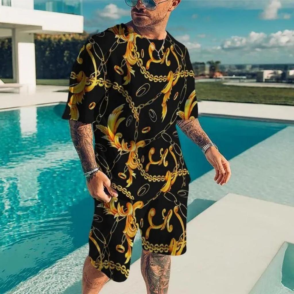 2025 Summer New Men's Luxury Gold Pattern Sportswear 3D Printed Short Sleeve T-shirt Set Fashionable Casual Men's T-shirt