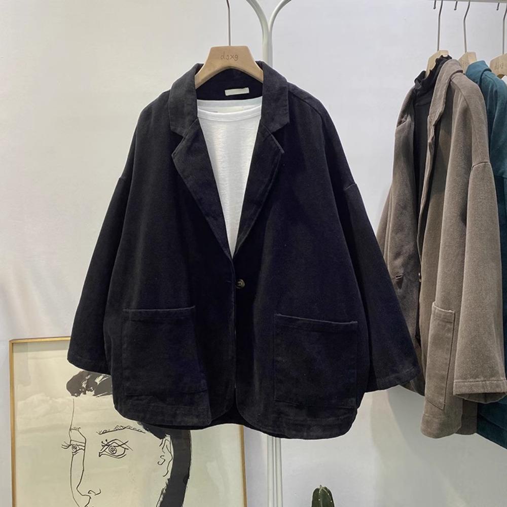 

Весенне-осенние ретро твиловые хлопковые блейзеры, куртка, женская куртка с длинным рукавом, свободного кроя, с V-образным вырезом One size чёрный