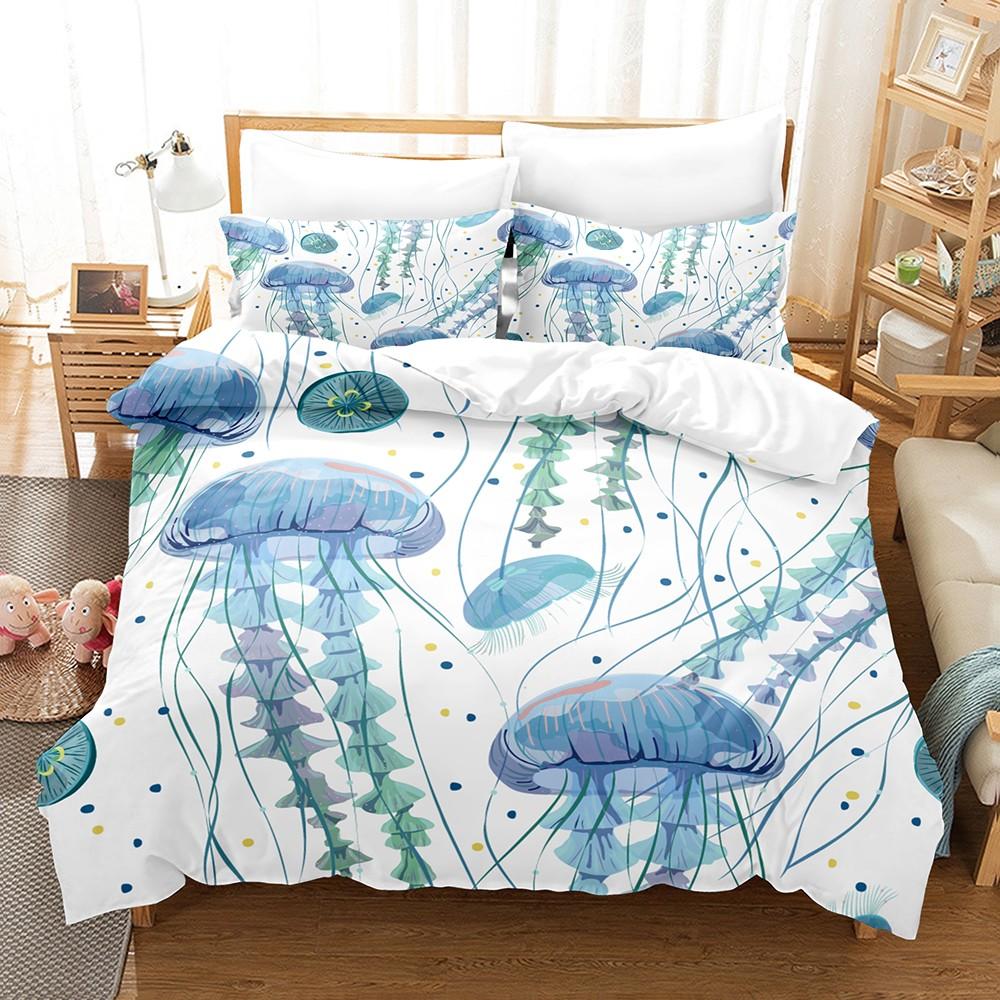 Soothing Underwater Theme Bedding Set 3D Print Quilt Cover Set 3PCS Soft Blue Mint Green Kids Sea Creatures Decor Home Suitable