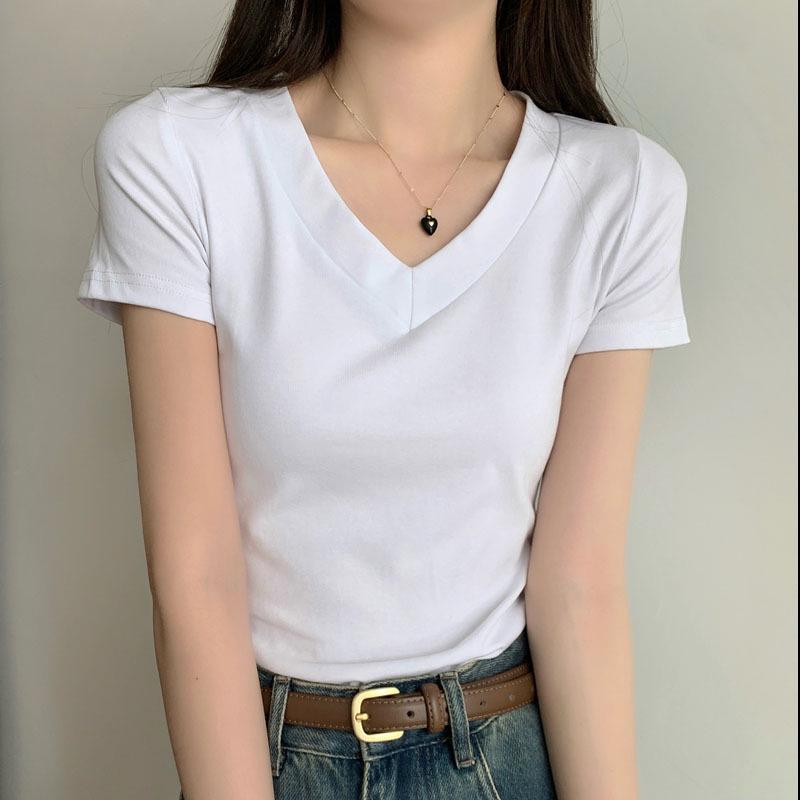 Women's Slim Fit Black V-Neck Cotton T-Shirt – Short Sleeve, Ribbed Base Layer, Flattering Elastic Design for Summer