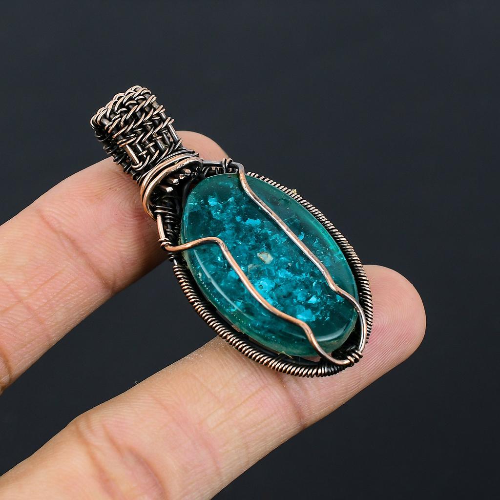 Natural Blue Baltic Amber Gemstone Handmade Copper Wire Wrap Pendant 2.56" H9y35
