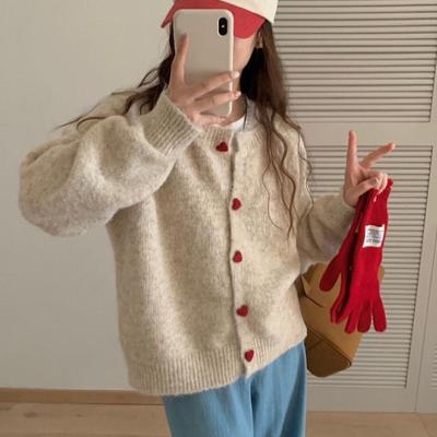 Sweet Soft Waxy Love Buckle Knitted Cardigan Women's Autumn and Winter New Loose Fashion Age-reducing Crew Neck Sweater Jacket