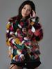 Women's Rainbow Patchwork Faux Fur Coat - Collarless, Trendy European and American Design