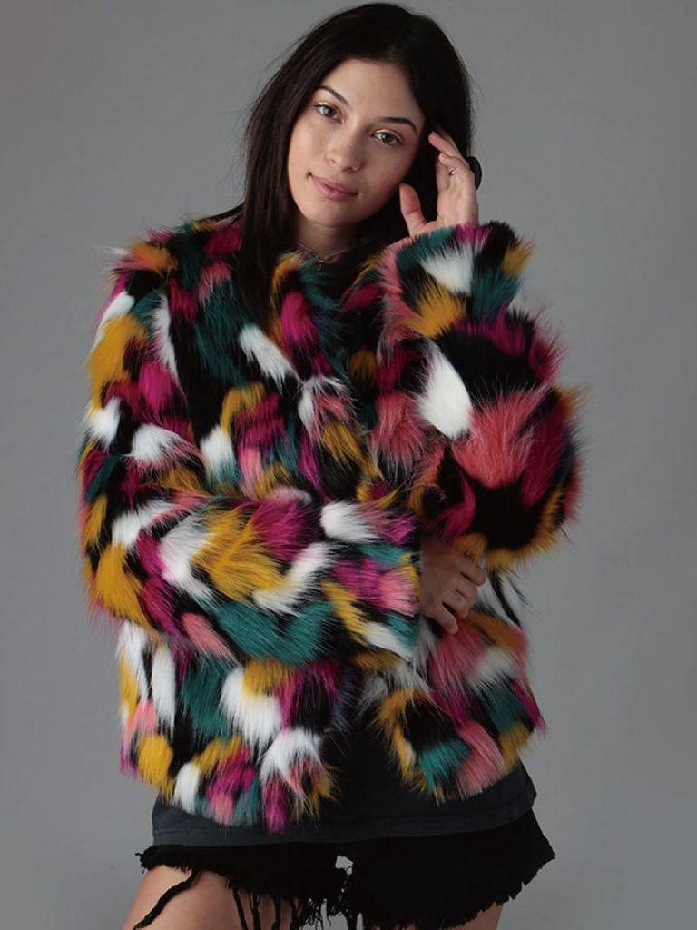 Women's Rainbow Patchwork Faux Fur Coat - Collarless, Trendy European and American Design