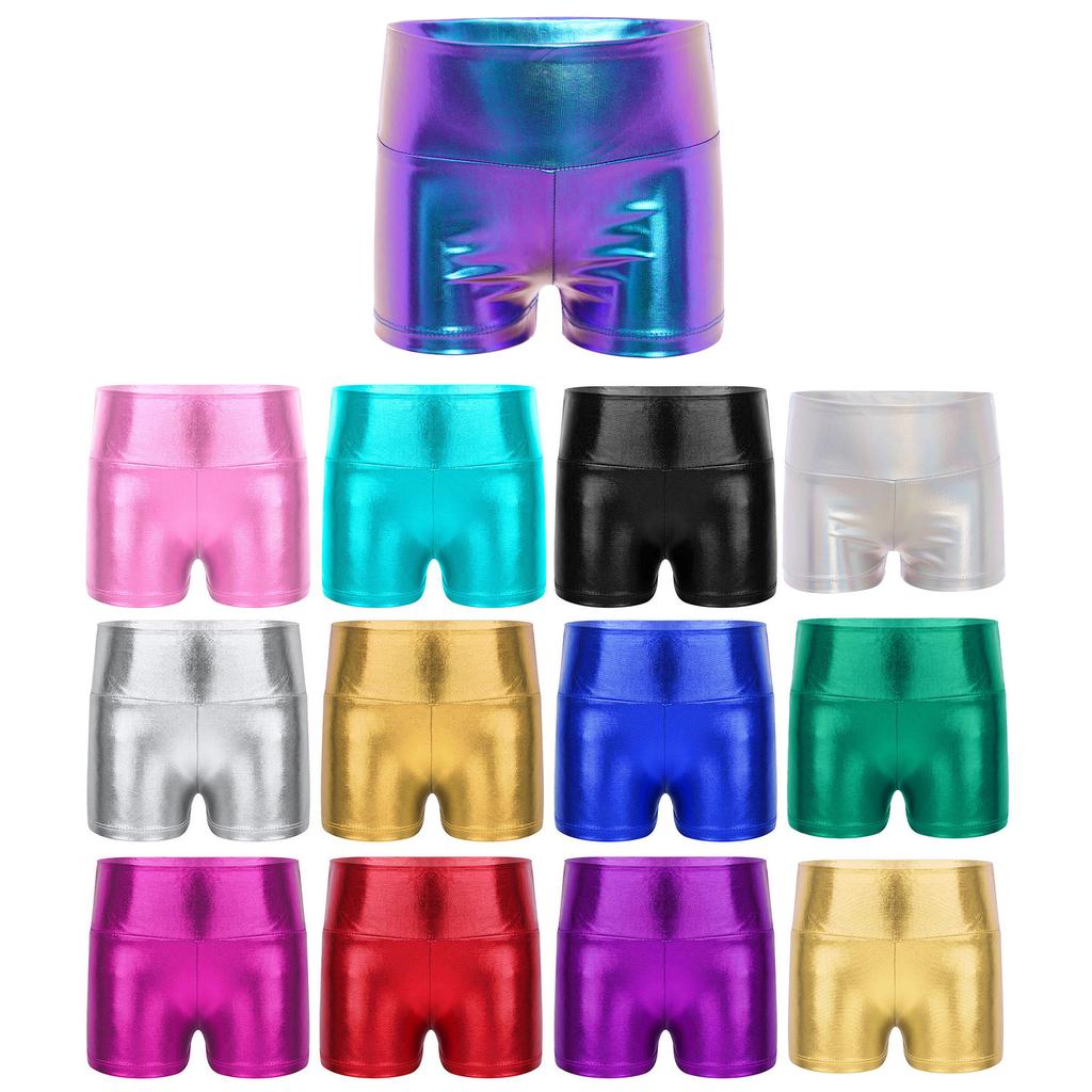 Girls Metallic Shiny High Waist Dance Shorts Bottoms Activewear Sports