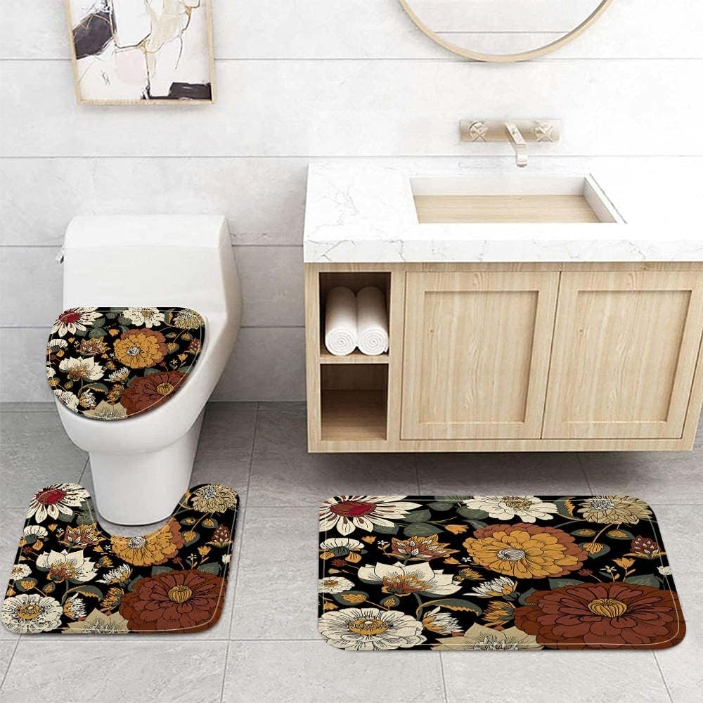 Boho Floral Botanical Bath Rugs for Bathroom, Mid Century Morden Abstract Bohemian Flowers Tropical Leaves Non Slip Flannel Bathroom Rug, Dry Fast