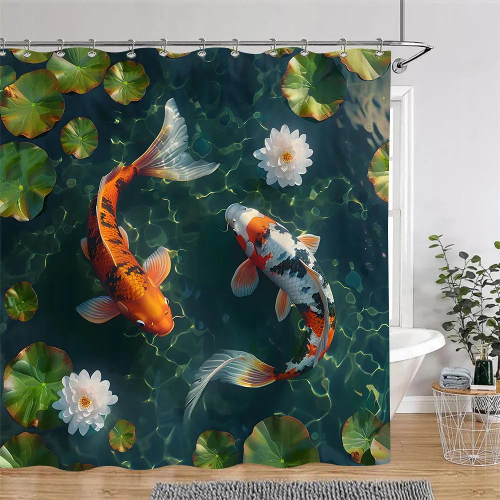 Japanese Style Shower Curtain Koi Fish Cherry Blossom Sun Sea Wave Octopus Landscape Polyester Fabric Curtains Bathroom Decor