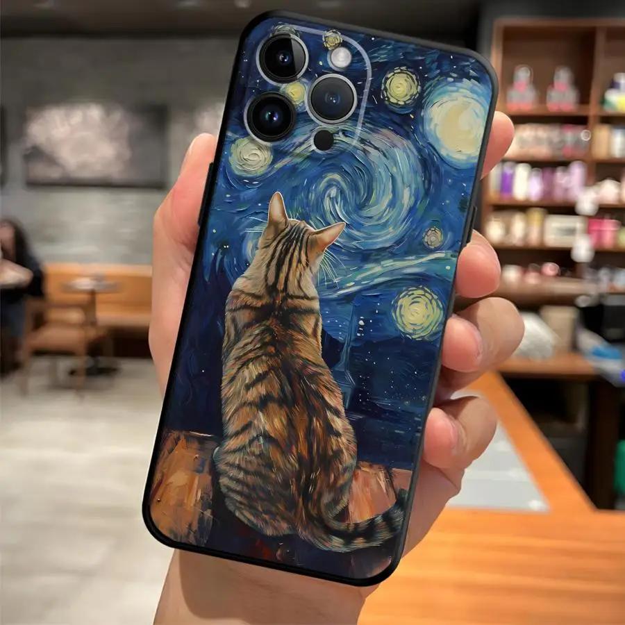 Artistic Starry Sky Cat Phone Case For iPhone 17 16 15 11 12 14 13 Pro Max Mini X XR 7 Plus 16E Shockproof Silicone Cover Fundas