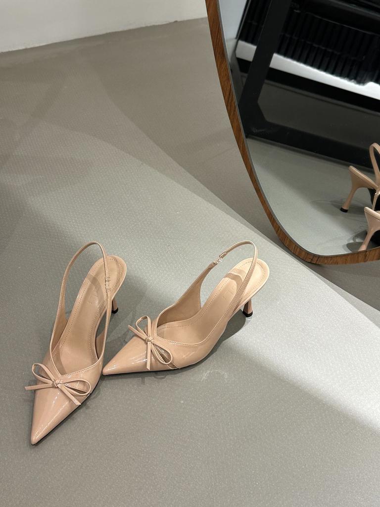 2025 Spring and Autumn New French Light Mouth Stiletto One-word High Heels Women's Patent Leather Pointed Bow Sandals Women