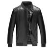Men Coat Solid Color Stand Collar Windproof Faux Leather Thicken Plush Lining Zipper Jacket Streetwear