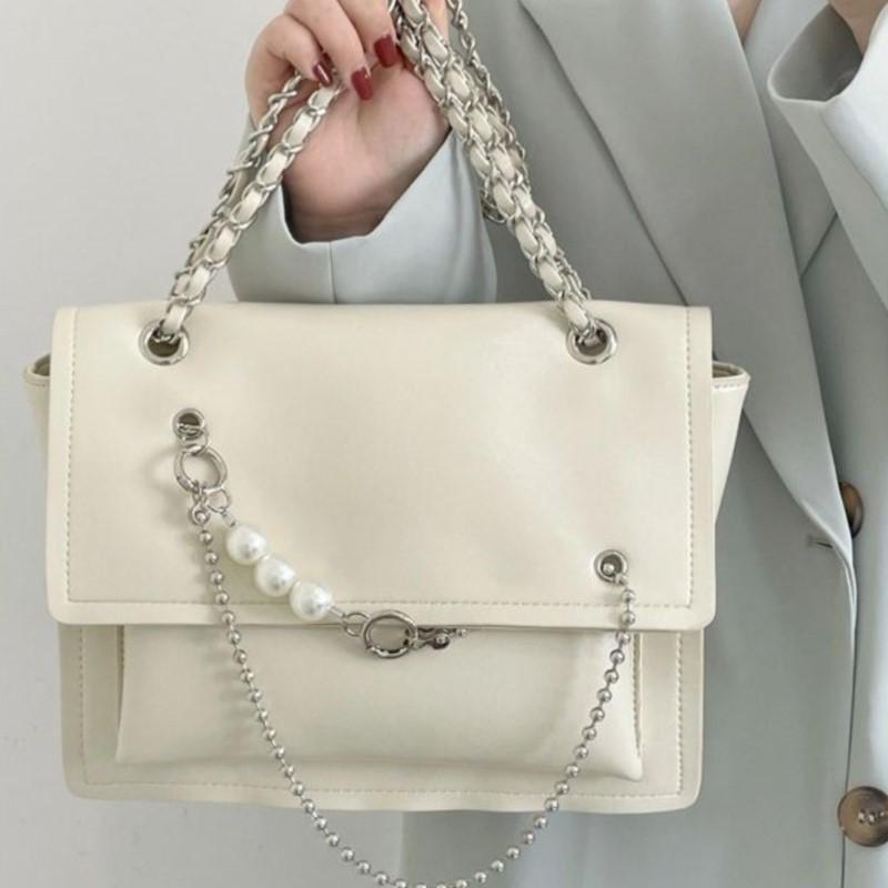 JIAERDI Solid Color Beaded Chain Handbag Women Leather Large Capacity Shoulder Bag Ladies Fashion Versatile Commute Tote Bag New