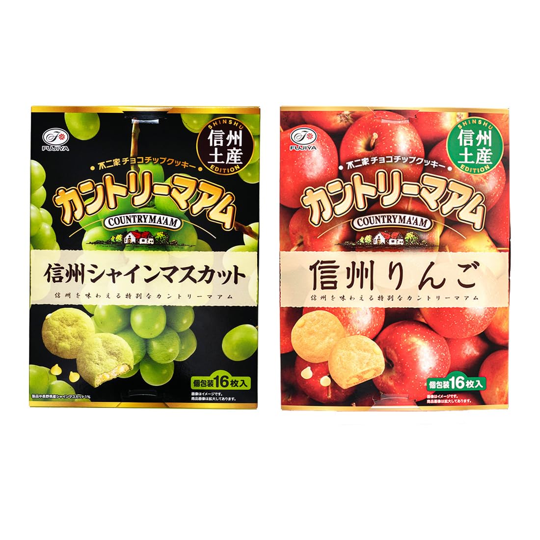 

Синсю Лимитированная серия Печенье с шоколадной крошкой Fujiya Country 1 коробка каждого вкуса: Синсю Яблочный и Синсю Шайн Мускат коробка Мадам, (1 каждый)