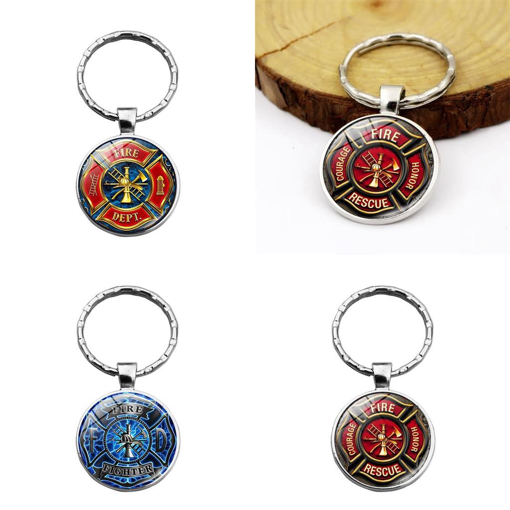 Stylish Rescue Firefighter Emblem Keychain Gemstone Zinc Alloy Key Ring Modern Accessory