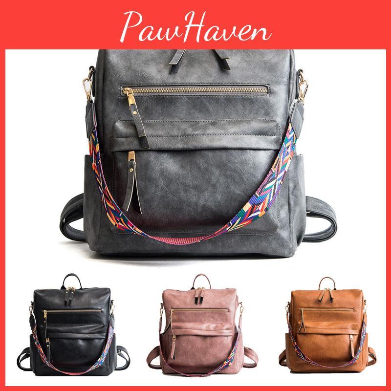 Wear-resistant Women's College Style Backpack In Pure Color Soft Pu Leather