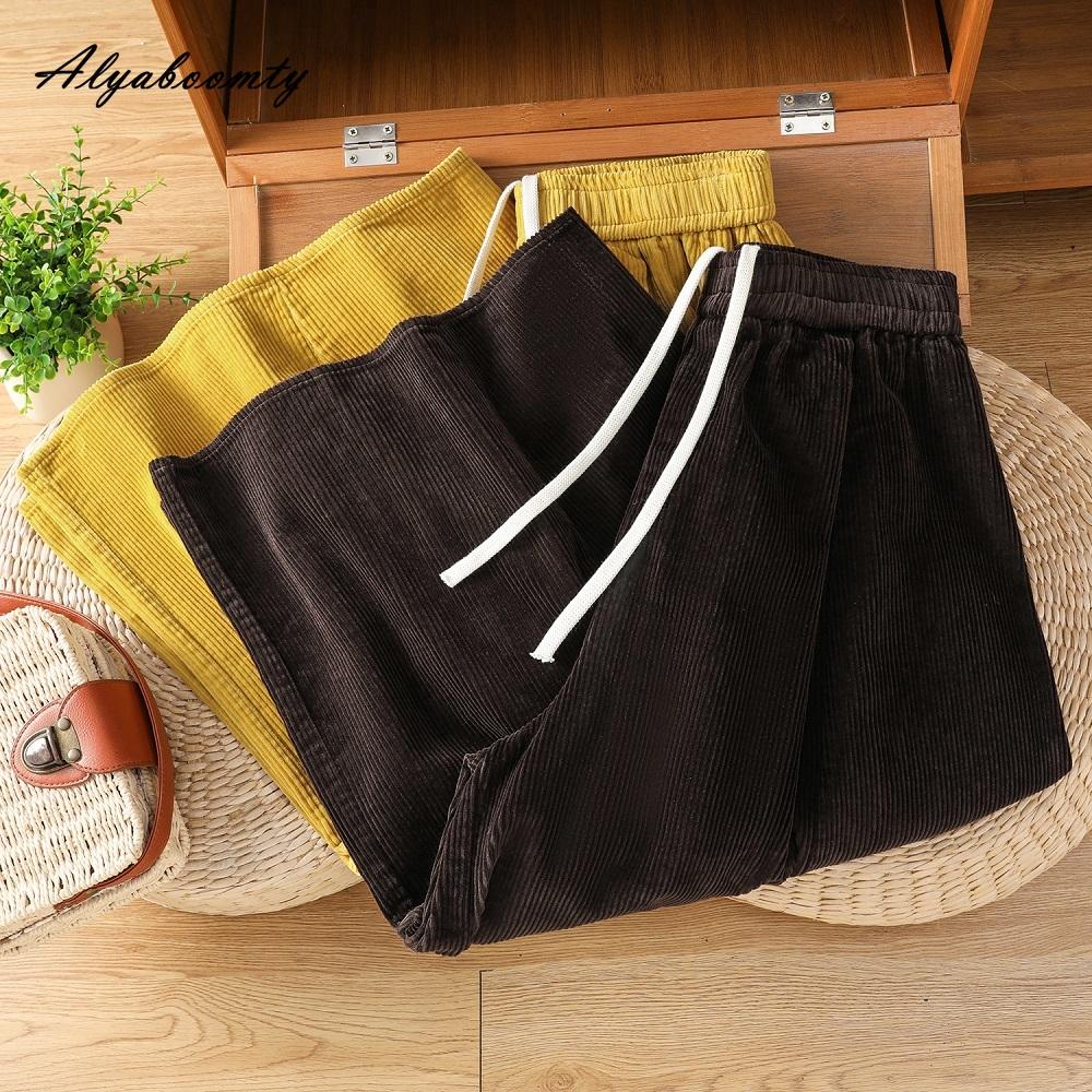 Korean Fashion Spring Autumn Women Corduroy Pants Elastic Waist Drawstring Wide Leg Capris Casual Loose Brown Yellow Ladies' Trousers