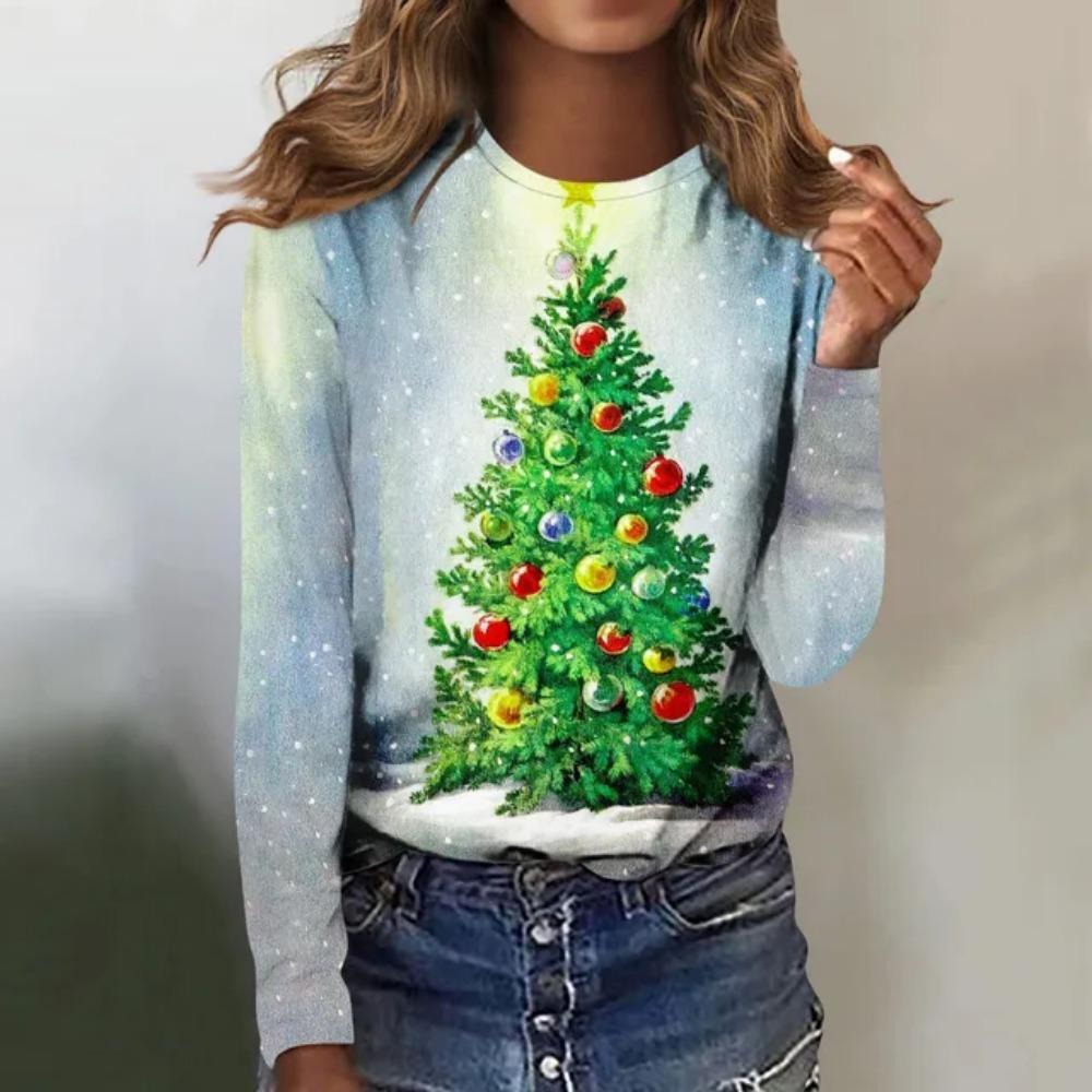 Christmas Snowflake Tree Long-sleeve T-shirt, Fashionable Casual Crew Neck Women's Wear, Comfortable and Slim-fitting Women's Top.