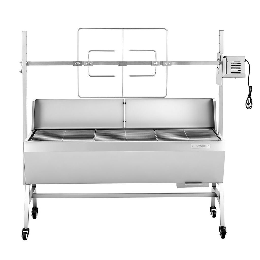Parrilla Rotisserie, Asador de Cerdo y Cordero para Barbacoa Exterior de 38W, Asador de Carbón con Capacidad de 60 kg, Ruedas y 4 Niveles de Altura, Acero Inoxidable