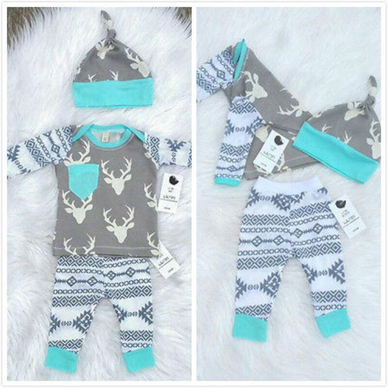 Adorabile Set di 3 Pezzi per Neonato e Bambino Maschio Cervo T-shirt Pantaloni Cappello
