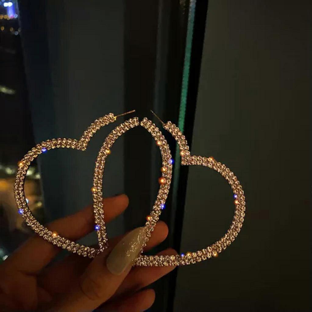 RSAMD Fashion Big Heart Crystal Hoop Earrings for Women Geometric Rhinestones Earr`jo-Silver