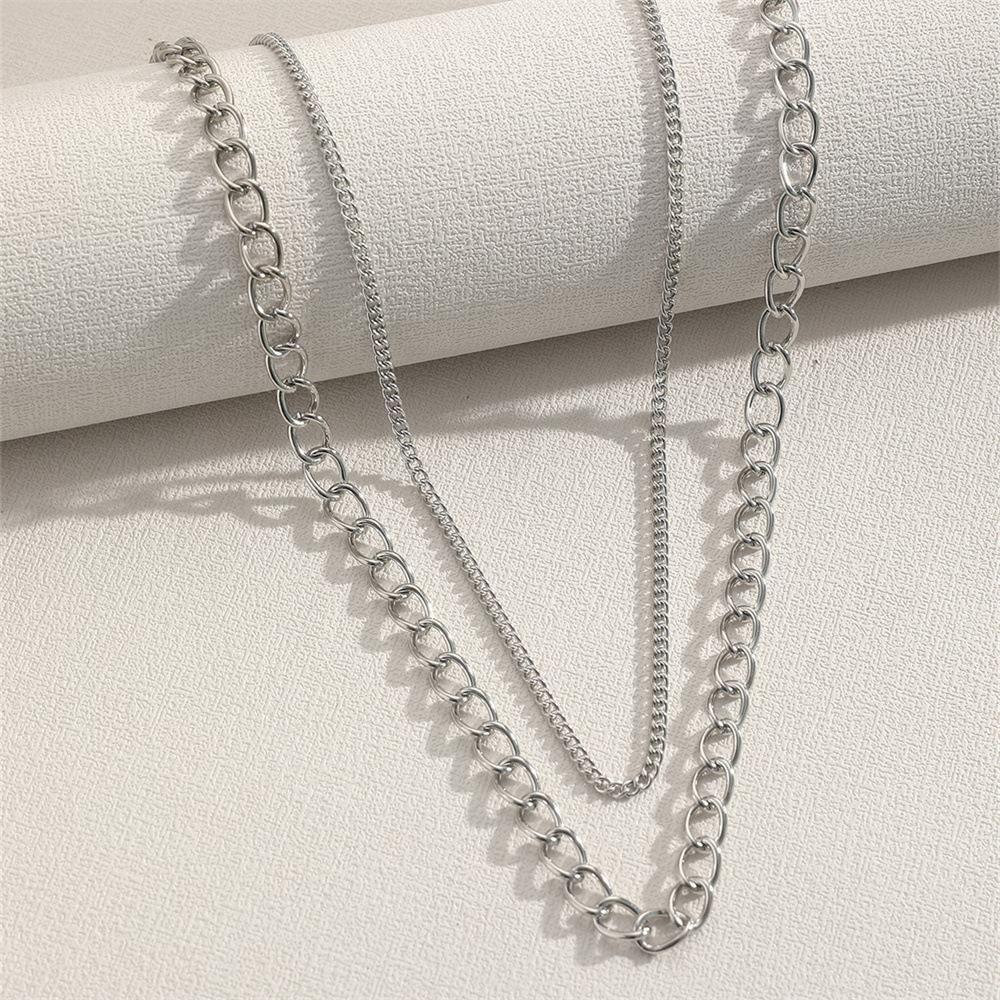 European and American Ornament INS Vintage Thick and Thin Chain Layered Double-layer Necklace Hip-hop Street Style Unisex Necklace