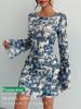 2025 Spring/Summer Women's Printed Flared Sleeve Backless Mesh Dress