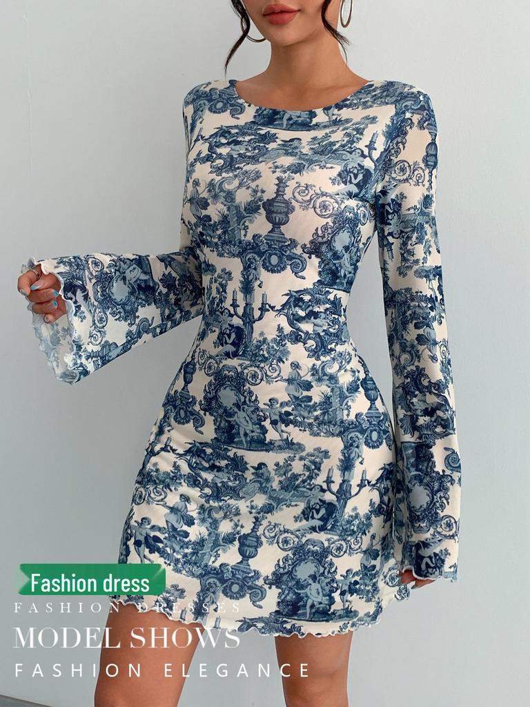 2025 Spring/Summer Women's Printed Flared Sleeve Backless Mesh Dress