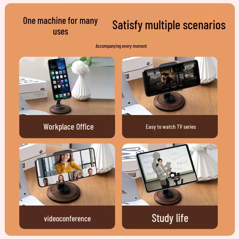 Walnut Wood Grain Rotatable Foldable Phone & Tablet Stand - Universal Portable Desktop Holder & Gift.