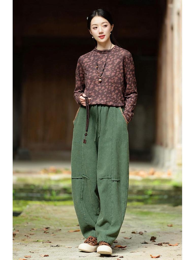Women's Retro Winter Distressed Patchwork Velvet-Lined Linen Lantern Pants