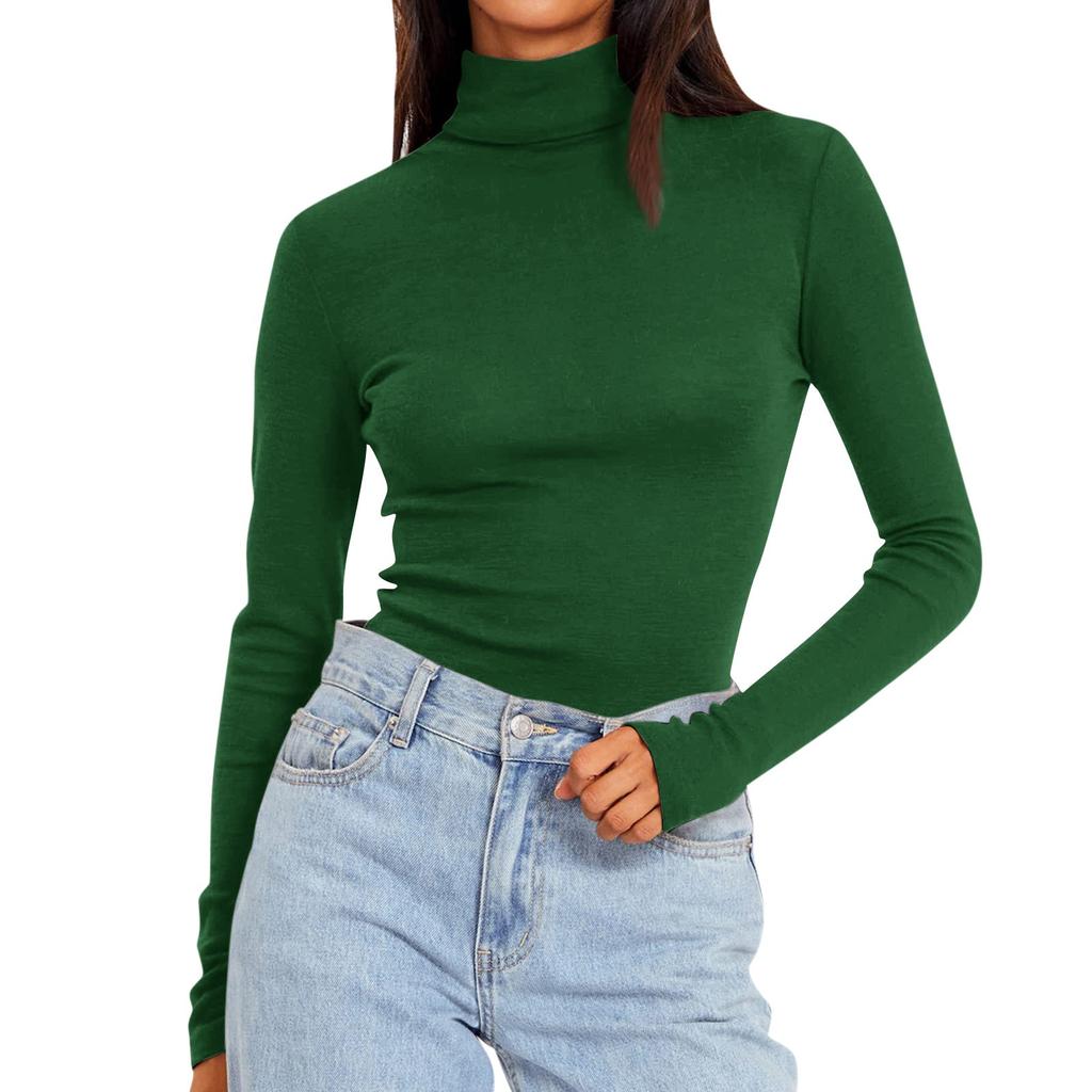Women's Turtleneck Long Sleeve Shirts Solid Color Fall Fashion Basic Slim Fit Soft Thermal Tops