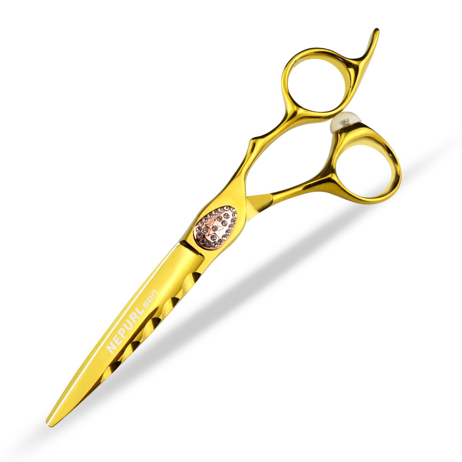 6.0 Inch Nimpson Gold Crowe Heart Flat Cut Hair Straight Cut Tooth Cut Gold 6.0inch gold crow heart flat scissors