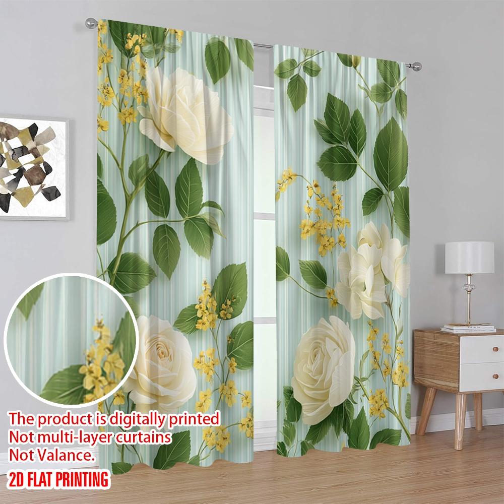 2pcs 2D Flat Printing Scene Curtain White Roses Floral Digital Printed Polyester Drapes Festive Wall Decor Perfect for Festive