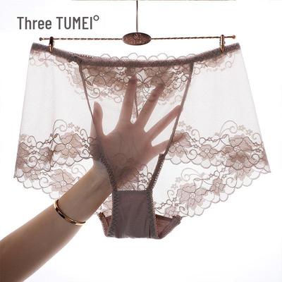 Three Rabbits Women's High Waist Lace Panties - Transparent, Seamless, Quick-Drying, Belly-Lifting Temptation Briefs.
