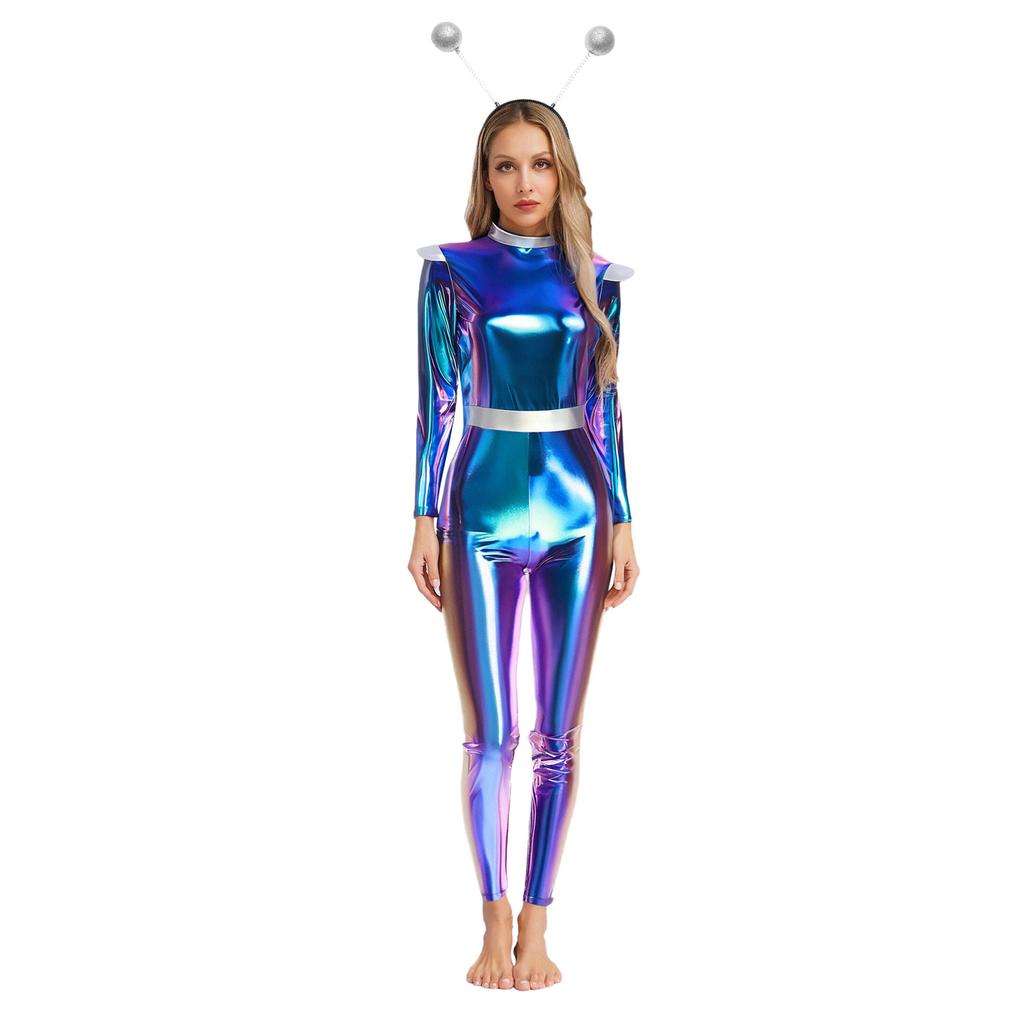 Womens Alien Robot Astronaut Cosplay Costume Metallic Shiny Full Body Unitard Long Sleeve Jumpsuit