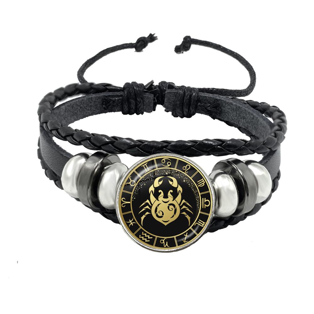 Bracciale Costellazione 1/12 Scorpione Sagittario Capricorno Acquario Corda Nera Bottone in Pelle Gioielli Zodiacali Regalo