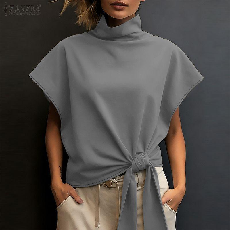 ZANZEA Women Casual Turtleneck Summer Short Sleeve Blouse
