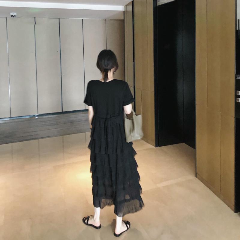 Women Summe  Korean Style Retro Design Thin Cake Little Black Dress Round Neck Short Sleeve Dress For Women