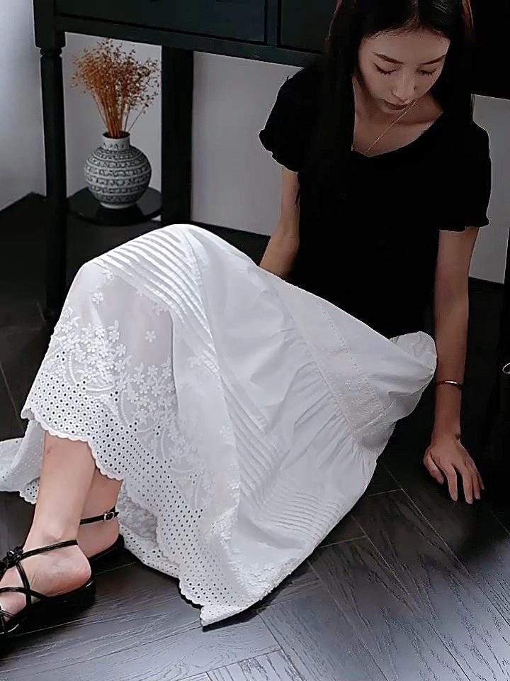 

Французская белая вышитая кружевная юбка-миди-зонт для женщин One Size белый